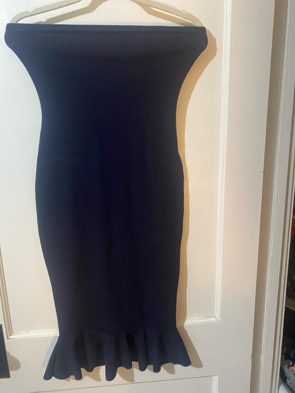 Off-Shoulder Ruffle-Hem Midi Dress in Navy